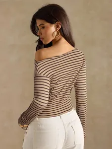 Back view of a chic striped off-the-shoulder long sleeve top for women in autumn style