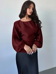 Elegant burgundy satin top with long puff sleeves and round neckline for autumn