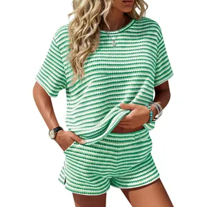 Casual green and white striped two-piece lounge set with short sleeve top and shorts