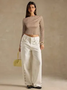 Stylish striped boat neck long sleeve T-shirt with earth-tone stripes for women