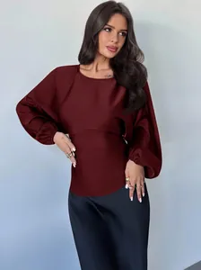 Elegant burgundy satin long-sleeved blouse featuring a round neck and batwing sleeves