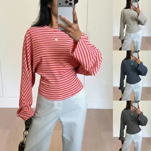 Women Striped Batwing Long Sleeve T-Shirt Elegant Round Neck Waffle Knit Top Slimming Casual Urban Fashion Apparel