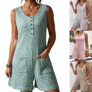 Women's Casual Waffle Knit Sleeveless Romper Loose Fit Round Neck Button Front Jumpsuit With Pockets Summer Beach Short Jumpsuit