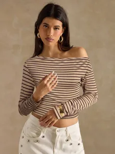 Chic striped off-the-shoulder long sleeve top for a trendy and casual fall fashion look.