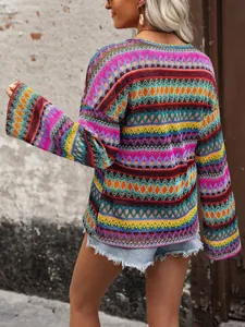 Back view detail of a colorful bohemian knit sweater with geometric stripe patterns