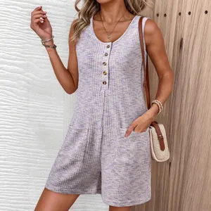 Summer loose waffle knit sleeveless wide-leg shorts jumpsuit for women in a light purple hue.