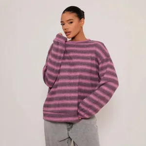 Oversized striped crew neck sweatshirt for women featuring a cozy purple and gray pattern