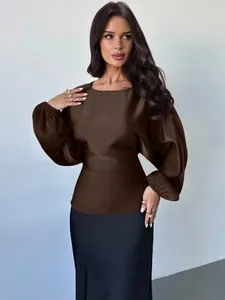 Elegant brown satin long-sleeved blouse with stylish lantern sleeves and round neck