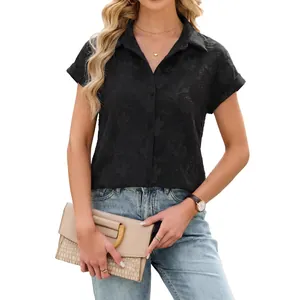Chemise élégante en mousseline jacquard noire à manches courtes pour femmes avec col