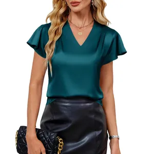 Elegant teal V-neck satin blouse with pleated flutter sleeves for summer fashion style.