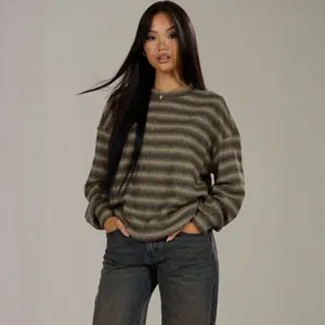 Chic striped crewneck oversized sweatshirt for women in fashionable earthy tones