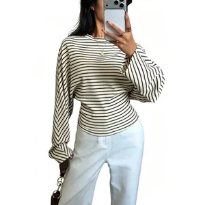 Women's slim fit striped T-shirt with batwing long sleeves and classic round neck.