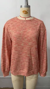 Front view of colorful waffle knit loose long sleeve T-shirt for women