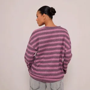 Oversized purple striped round neck sweatshirt for women in a comfortable and loose casual fit