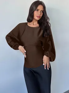 Elegant dark brown satin long sleeve batwing blouse with round neck for autumn fashion