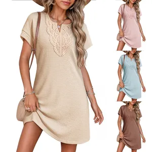 Women Casual Waffle Knit Lace Trim V Neck Short Sleeve Mini Dress Loose Beach Cover Up Summer Party Polyester Sundress