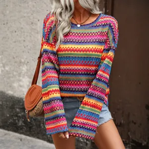 Women's Bohemian Geometric Pattern Knitted Long Sleeve T-Shirt Colorful Round Neck Oversized Pullover Top Fall Fashion
