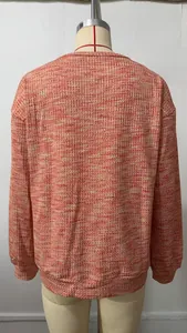 Detailed back view of a colorful waffle knit loose long-sleeve T-shirt on mannequin