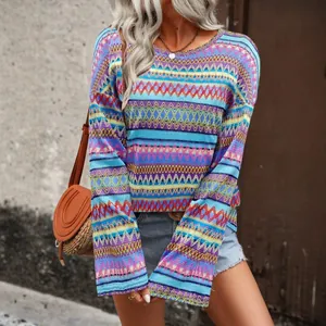 Bohemian round neck loose knit long-sleeve top with colorful geometric patterns