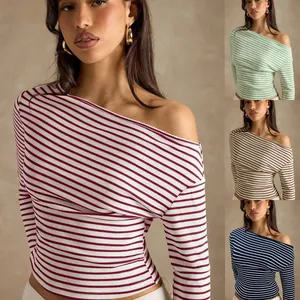 Women's Casual Knitted Off-Shoulder Striped Long Sleeve T-Shirt Slim Fit Waffle Top For Autumn Travel Fashion Streetwear