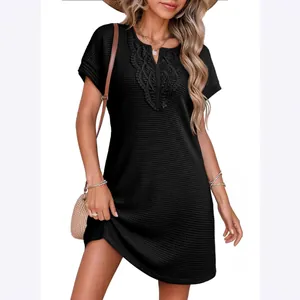 Elegant black pineapple lattice dress with delicate lace V-neck and short sleeves for summer