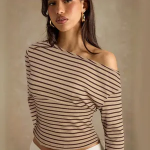 Chic striped off-the-shoulder long sleeve T-shirt for women in warm earth tones for fall