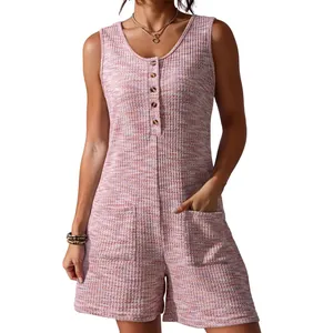 Women's pink melange waffle knit sleeveless button-front romper jumpsuit with pockets