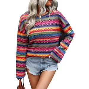 Vibrant colorful striped knit sweater featuring a classic crew neck and loose long sleeves