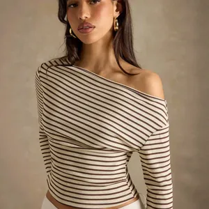Casual striped one-shoulder long sleeve top for women in cream and brown stripes