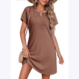 Chic brown waffle knit mini dress for women featuring lace V-neck and short sleeves
