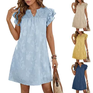 Women V Neck Double Ruffle Sleeve Smocked Floral Jacquard Mini Dress Summer Casual Loose A-Line Short Dress Sundress Vestidos