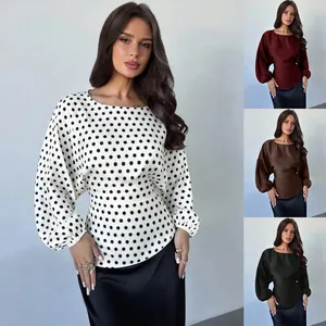 Women Elegant Satin Blouse Batwing Long Sleeve Round Neck Polka Dot Waist Tie Loose Top Office Party Commute Shirts