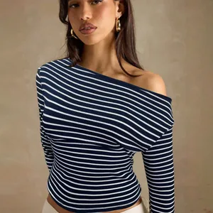 Stylish navy blue and white striped off-the-shoulder long sleeve T-shirt for casual wear