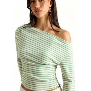 Stylish green and white horizontal striped off-the-shoulder long-sleeve T-shirt for women