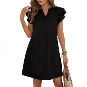 Elegant black V-neck mini dress with double ruffle short sleeves and floral texture detail.