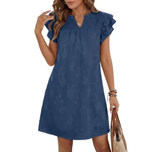 Elegant navy V-neck smocked floral mini dress with ruffle flutter sleeves for summer