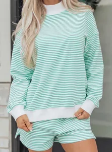Oversized mint green striped long sleeve sweatshirt and shorts athletic set for women