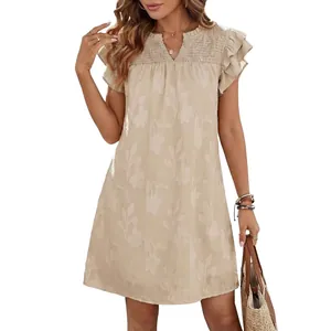 Elegant beige V-neck summer dress featuring floral jacquard pattern and double ruffle sleeves