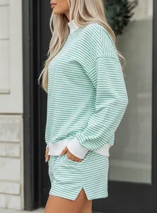 Side view of green and white striped cotton sweatshirt and matching shorts set