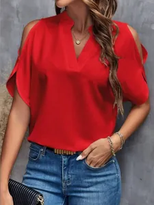 Close-up of a vibrant red V-neck chiffon blouse featuring stylish cold-shoulder cutouts.