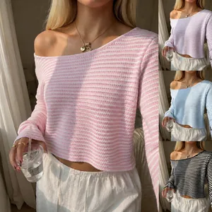 Women's Fashion Striped Long Sleeve Top Autumn Casual Loose Round Neck Pineapple Plaid Textured Knitted T-Shirt Pullover Top