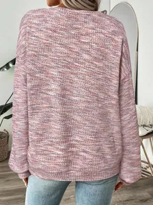 Detailed back view of a colorful waffle knit loose long sleeve T-shirt for women