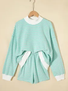 Teal and white striped oversized sweatshirt and shorts loungewear set detail