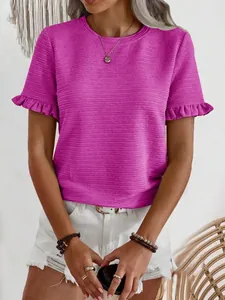 Detailed view of the ruffle sleeves and textured fabric on this magenta round neck summer T-shirt