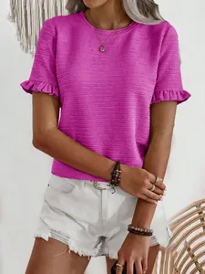 Detailed view of fuchsia round neck summer T-shirt featuring elegant ruffle sleeves