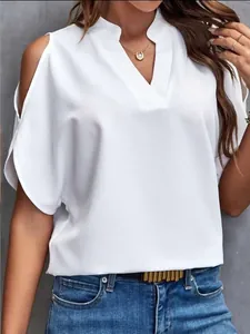Detail shot of a white V-neck cold shoulder chiffon blouse with loose sleeves