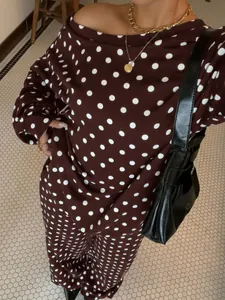Chic dark brown polka dot loungewear set with off-shoulder sweatshirt and pants.