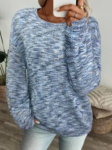Close-up of blue space-dye waffle knit texture on oversized long sleeve top