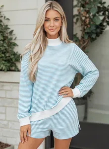 Stylish blue and white striped oversized cotton sweatshirt and shorts lounge set for women.