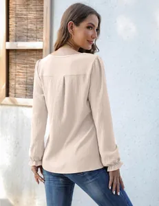 Achteraanzicht van beige chiffon blouse met lange mouwen, ruches en textuurstof.